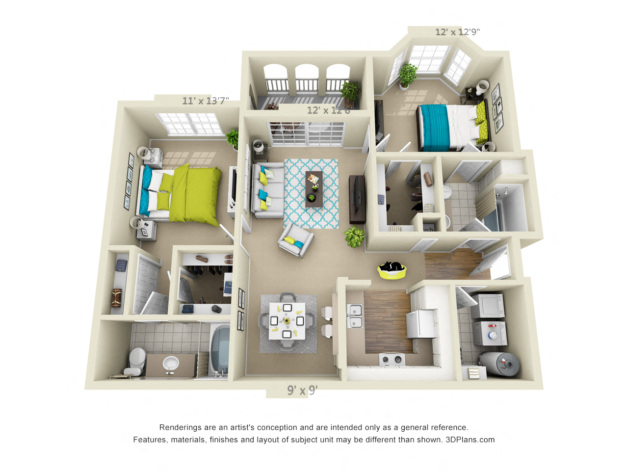 Floor plan for 2 beds, 2 baths, 1095 sqft